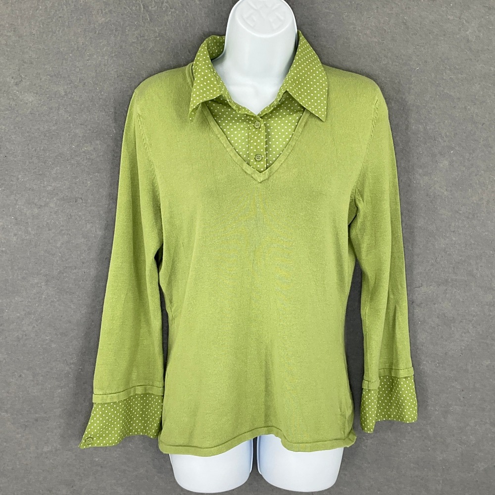 Apt 9 Womens Green Sweater Collared Polka Dot‎ Long Sleeve Knit Top Sz M Career